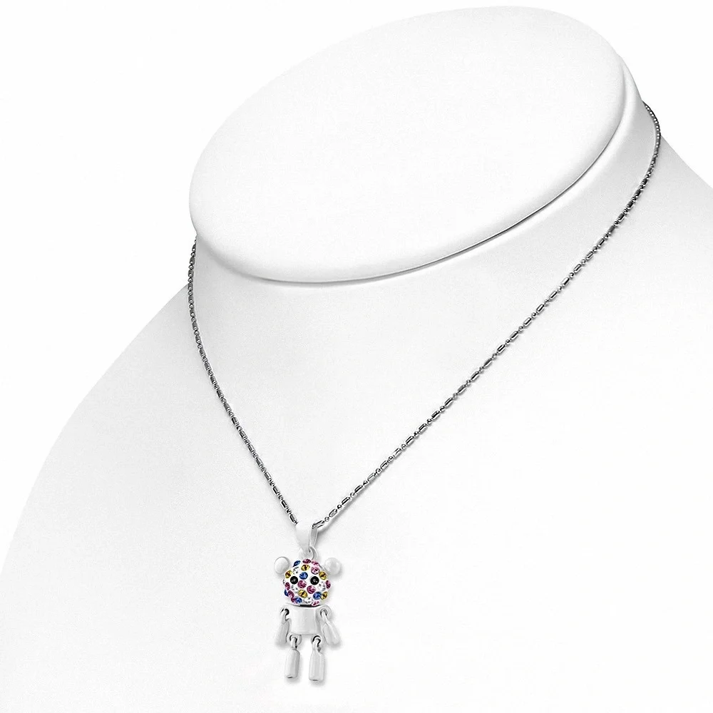 18 KT GP White Lucien Bear Necklace Pendant w/ Necklace Chain Swarovski Crystals - Picture 3 of 7